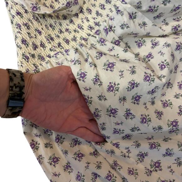 English Factory Floral Maxi Dress Lrg White Purple Smocked Midi Boho Cottage Bow - Picture 6 of 14